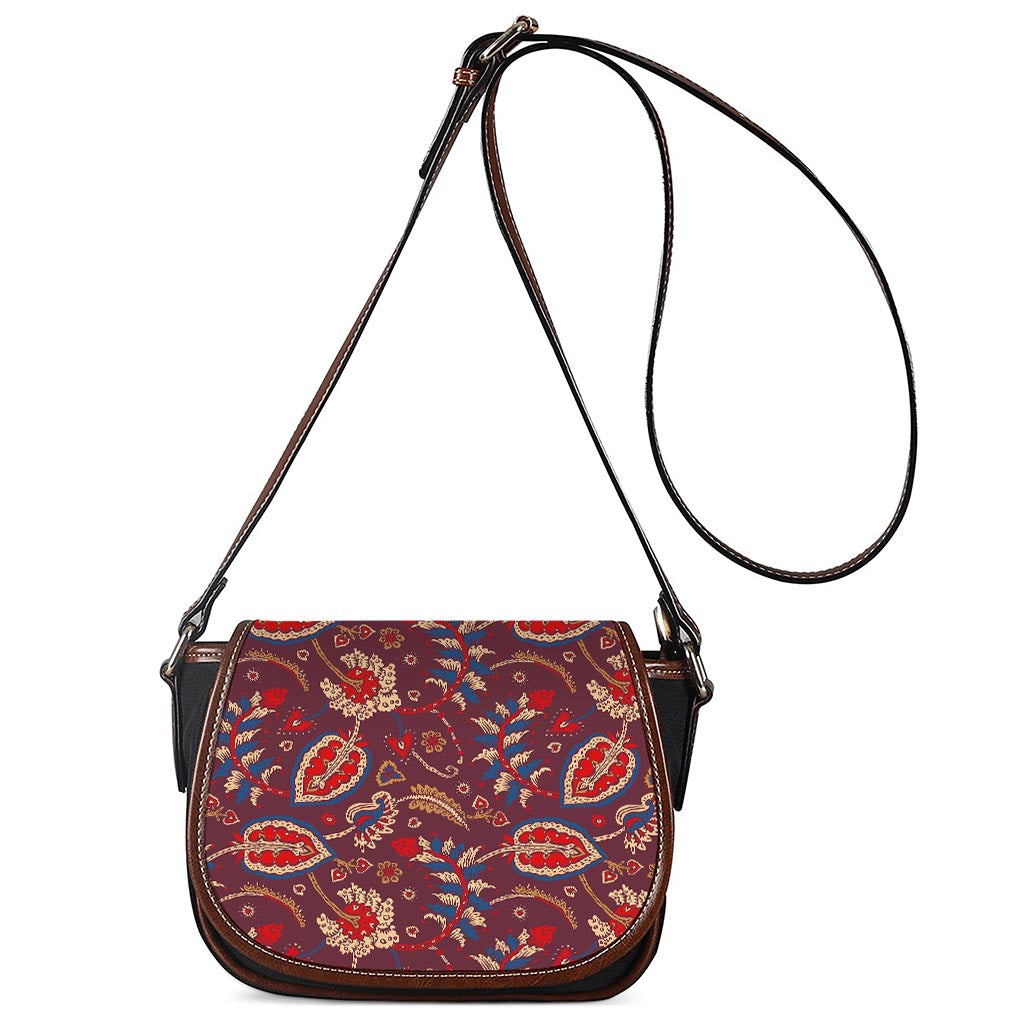 Maroon Vintage Bohemian Floral Print Saddle Bag