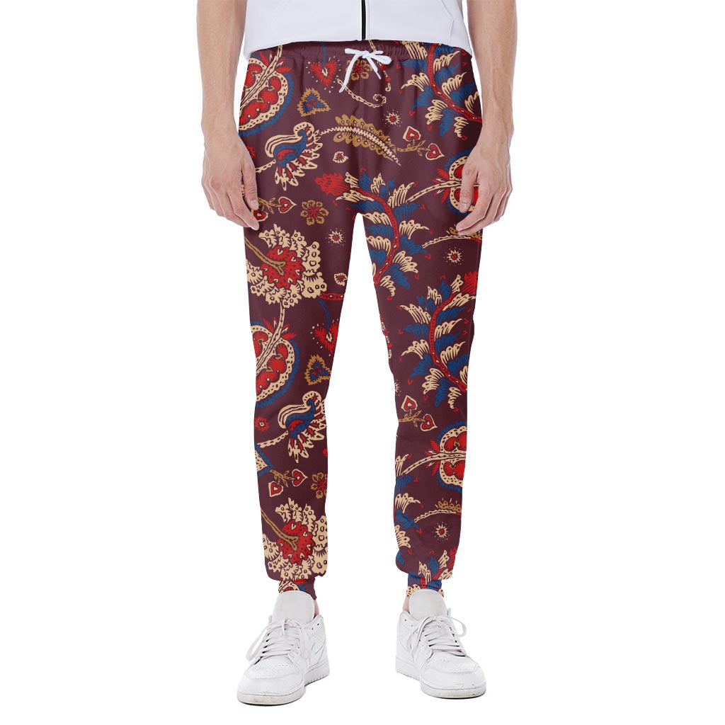 Maroon Vintage Bohemian Floral Print Scuba Joggers