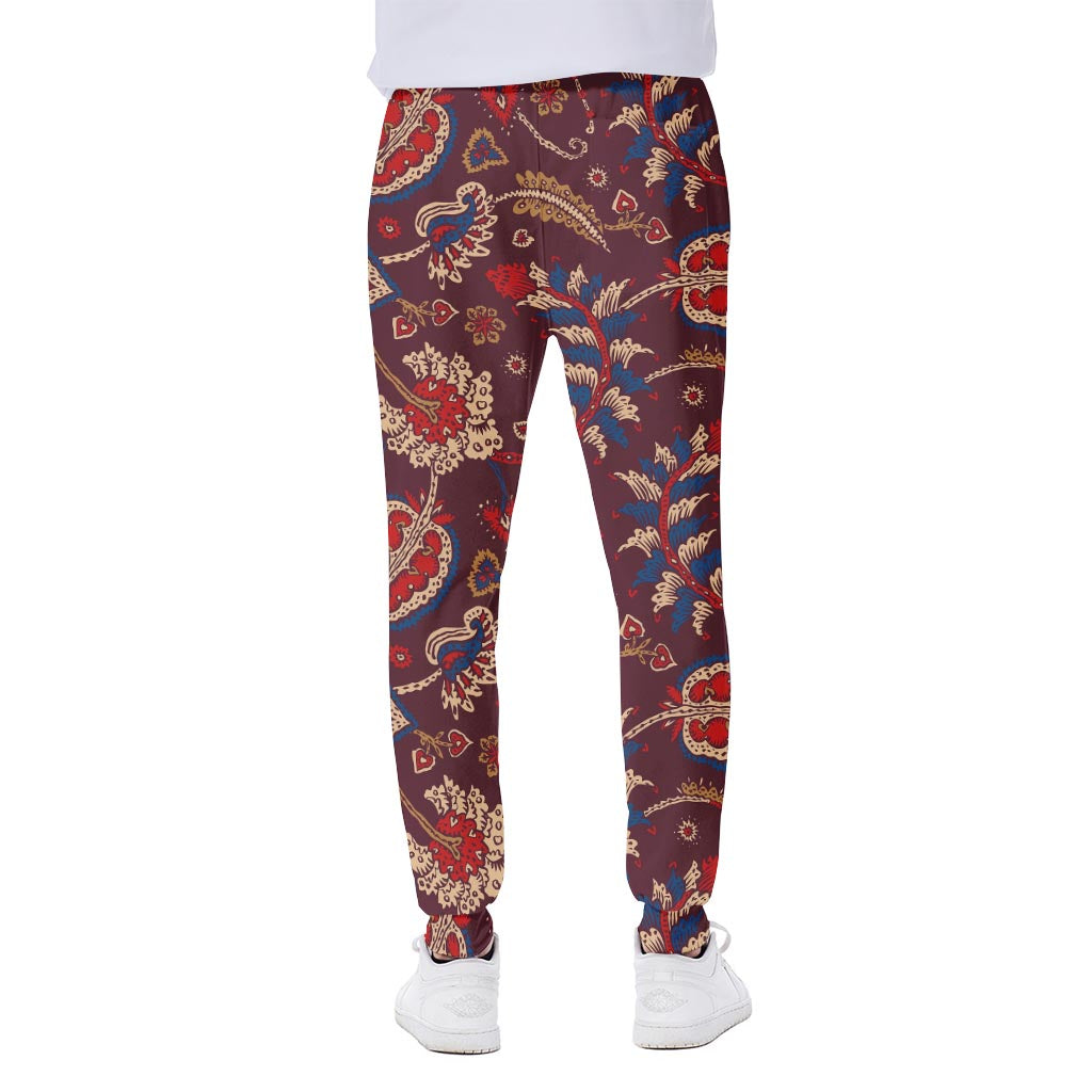Maroon Vintage Bohemian Floral Print Scuba Joggers