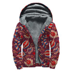 Maroon Vintage Bohemian Floral Print Sherpa Lined Zip Up Hoodie