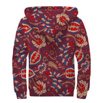Maroon Vintage Bohemian Floral Print Sherpa Lined Zip Up Hoodie