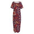 Maroon Vintage Bohemian Floral Print Short Sleeve Long Nightdress