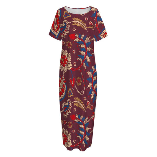Maroon Vintage Bohemian Floral Print Short Sleeve Long Nightdress