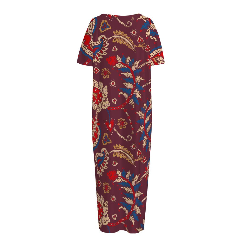 Maroon Vintage Bohemian Floral Print Short Sleeve Long Nightdress