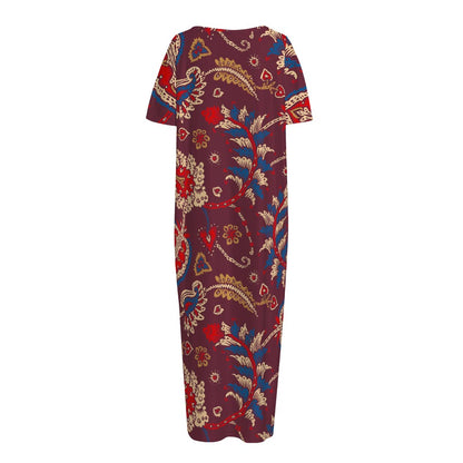 Maroon Vintage Bohemian Floral Print Short Sleeve Long Nightdress