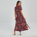 Maroon Vintage Bohemian Floral Print Short Sleeve Maxi Dress