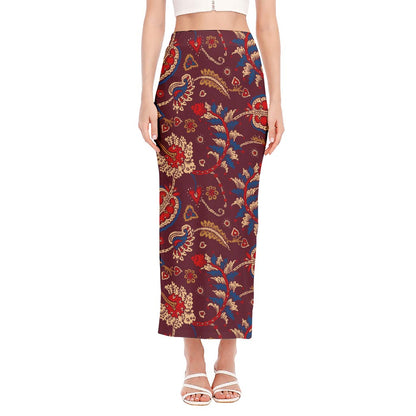 Maroon Vintage Bohemian Floral Print Side Slit Maxi Skirt