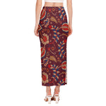 Maroon Vintage Bohemian Floral Print Side Slit Maxi Skirt