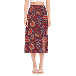 Maroon Vintage Bohemian Floral Print Side Slit Midi Skirt