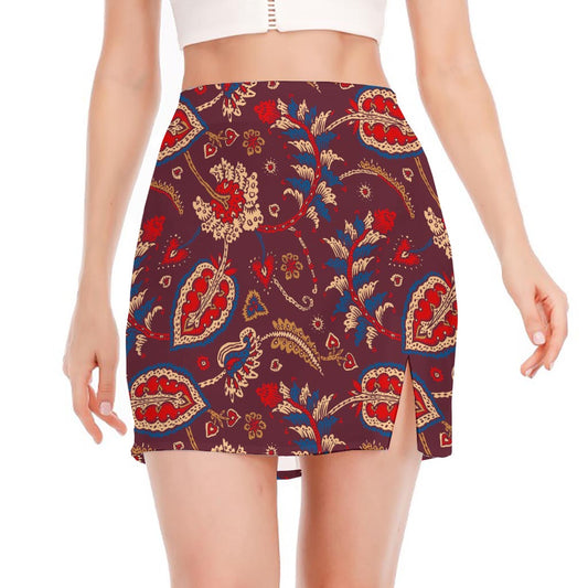 Maroon Vintage Bohemian Floral Print Side Slit Mini Skirt