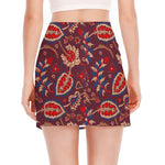 Maroon Vintage Bohemian Floral Print Side Slit Mini Skirt