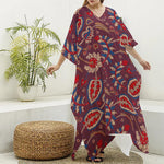 Maroon Vintage Bohemian Floral Print Silk V-Neck Kaftan Dress