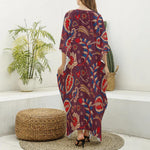 Maroon Vintage Bohemian Floral Print Silk V-Neck Kaftan Dress
