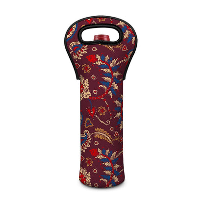 Maroon Vintage Bohemian Floral Print Single Neoprene Wine Tote