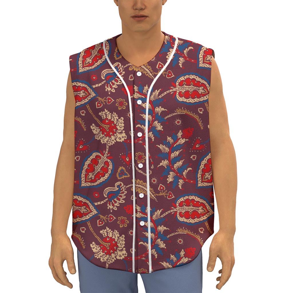 Maroon Vintage Bohemian Floral Print Sleeveless Baseball Jersey