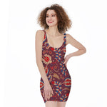Maroon Vintage Bohemian Floral Print Sleeveless Bodycon Dress