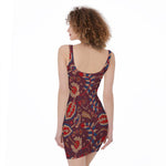 Maroon Vintage Bohemian Floral Print Sleeveless Bodycon Dress
