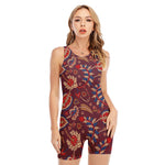 Maroon Vintage Bohemian Floral Print Sleeveless One Piece Swimsuit