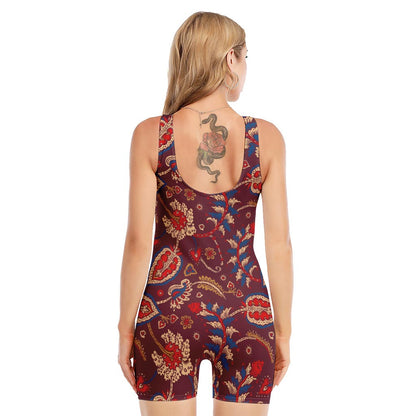 Maroon Vintage Bohemian Floral Print Sleeveless One Piece Swimsuit