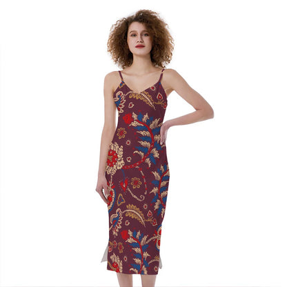 Maroon Vintage Bohemian Floral Print Slim Fit Midi Cami Dress