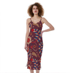 Maroon Vintage Bohemian Floral Print Slim Fit Midi Cami Dress