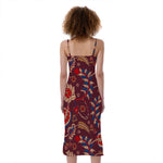 Maroon Vintage Bohemian Floral Print Slim Fit Midi Cami Dress
