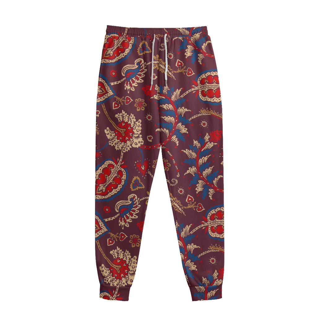 Maroon Vintage Bohemian Floral Print Sweatpants