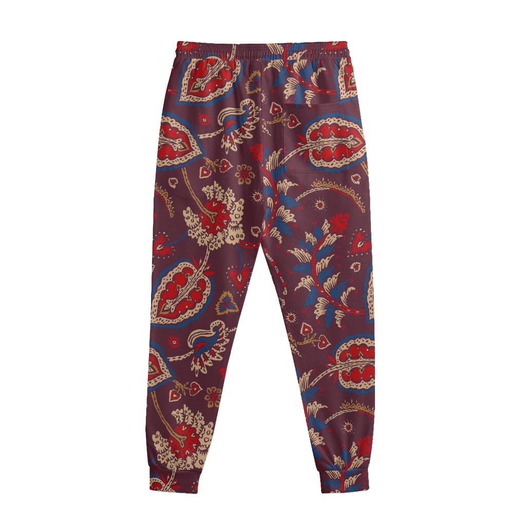 Maroon Vintage Bohemian Floral Print Sweatpants