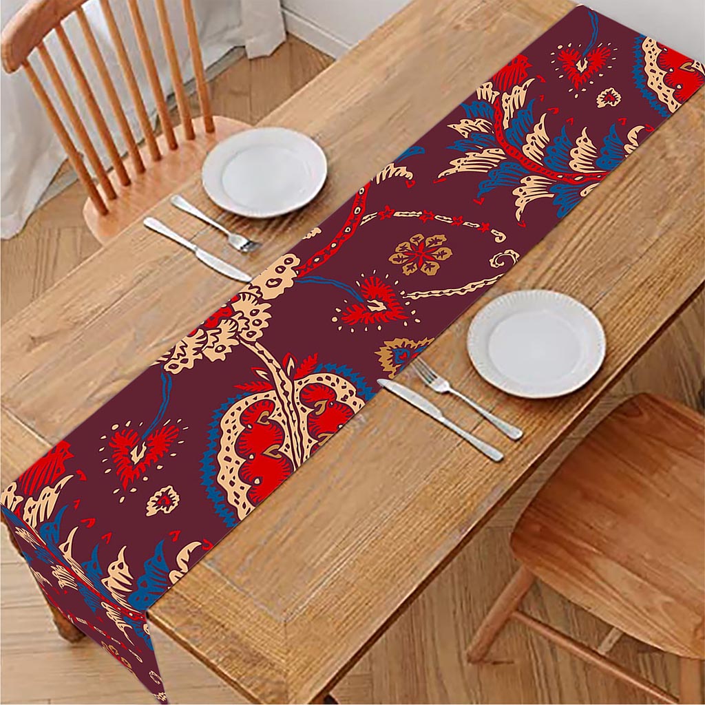 Maroon Vintage Bohemian Floral Print Table Runner