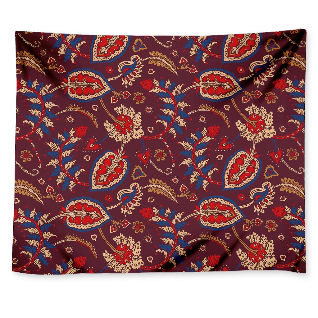 Maroon Vintage Bohemian Floral Print Tapestry