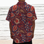 Maroon Vintage Bohemian Floral Print Textured Short Sleeve Shirt