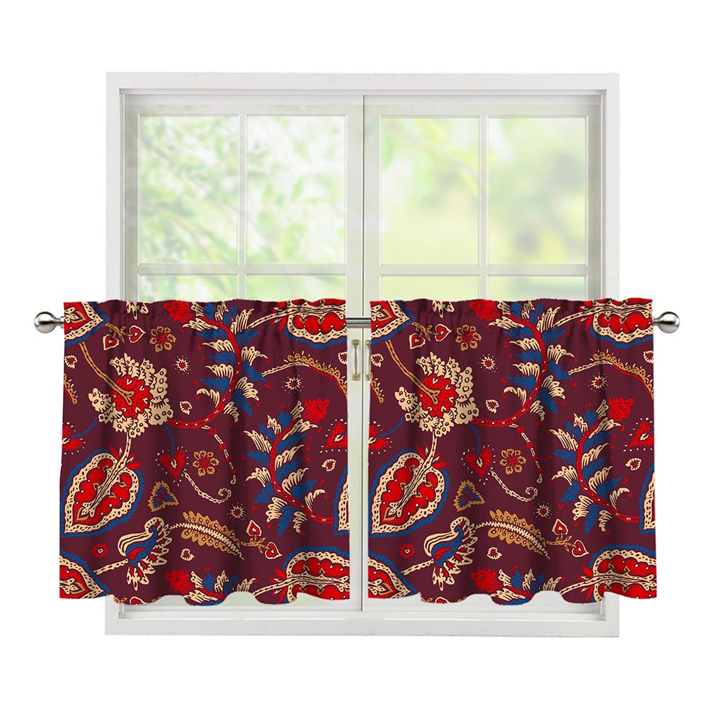Maroon Vintage Bohemian Floral Print Tier Curtains