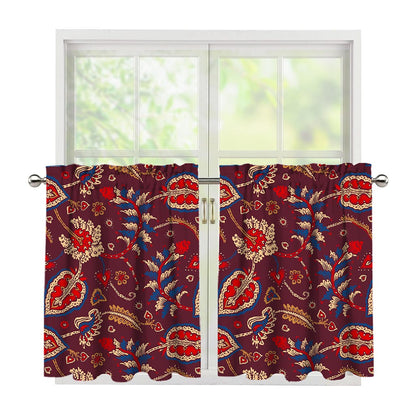Maroon Vintage Bohemian Floral Print Tier Curtains