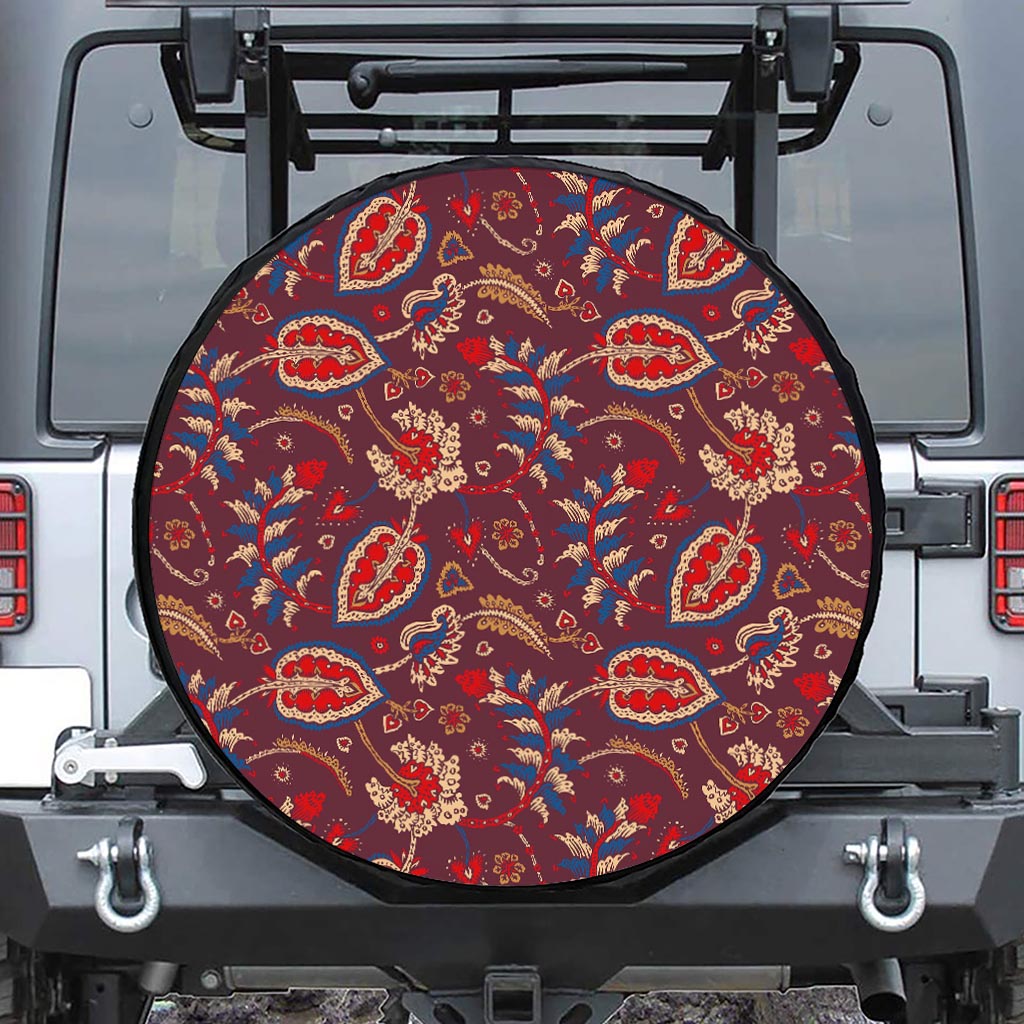 Maroon Vintage Bohemian Floral Print Tire Cover