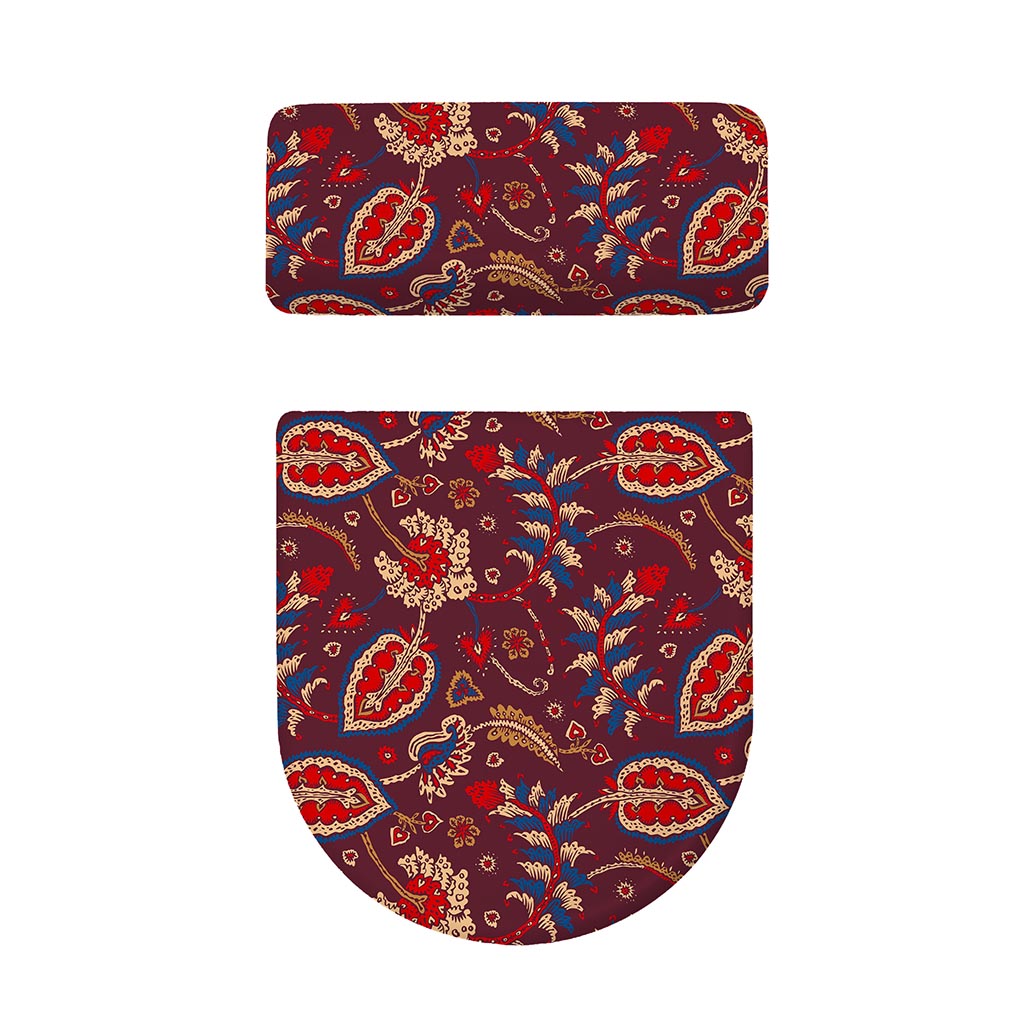 Maroon Vintage Bohemian Floral Print Toilet Lid And Tank Cover Set