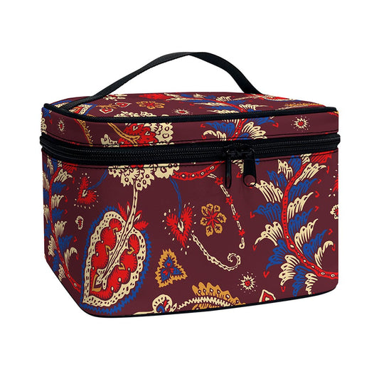 Maroon Vintage Bohemian Floral Print Travel Makeup Bag