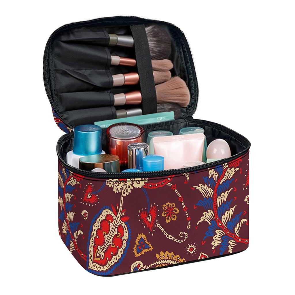 Maroon Vintage Bohemian Floral Print Travel Makeup Bag