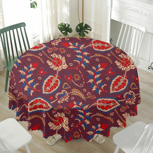 Maroon Vintage Bohemian Floral Print Waterproof Round Tablecloth