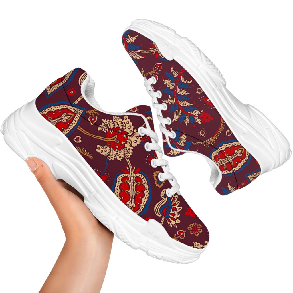 Maroon Vintage Bohemian Floral Print White Chunky Shoes