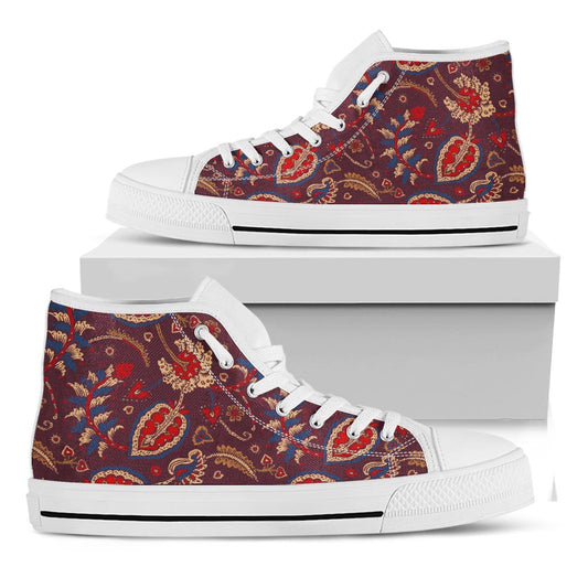 Maroon Vintage Bohemian Floral Print White High Top Sneakers