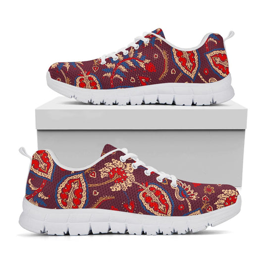 Maroon Vintage Bohemian Floral Print White Running Shoes