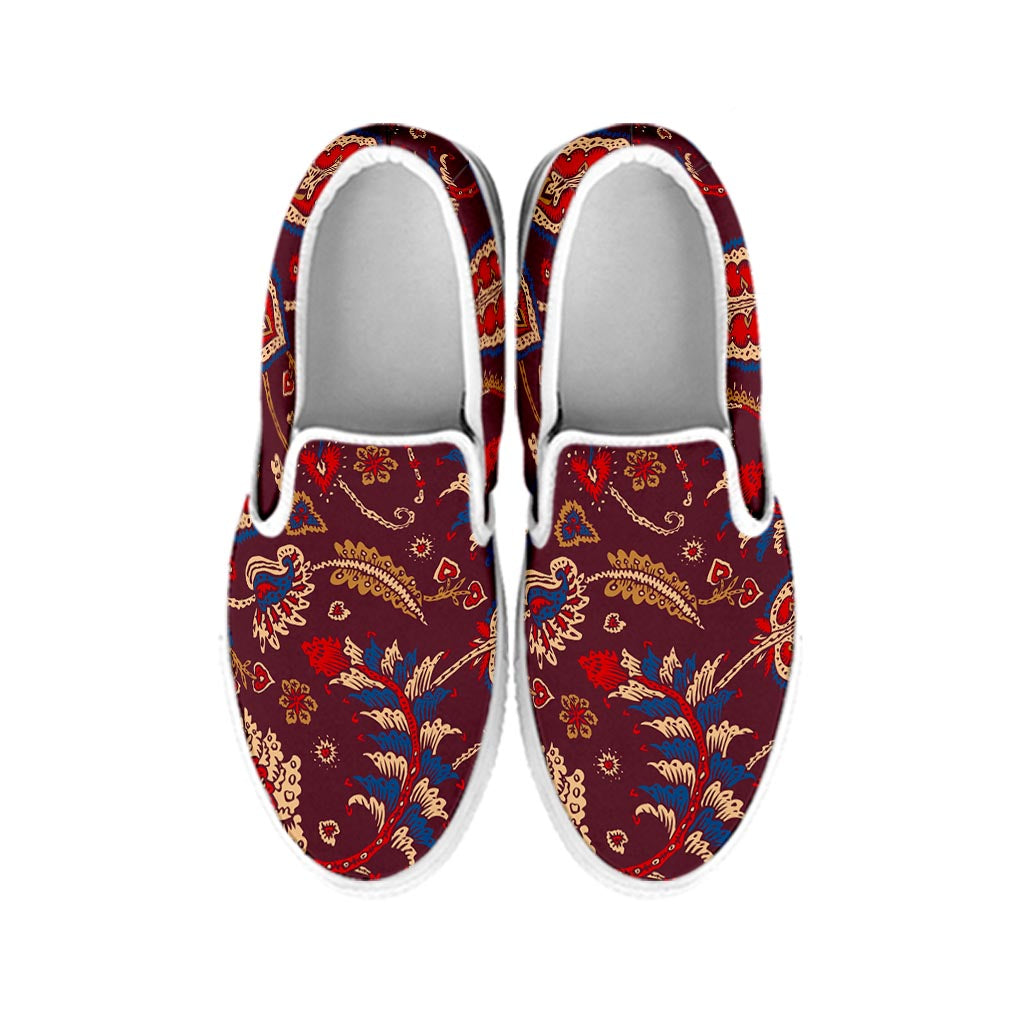 Maroon Vintage Bohemian Floral Print White Slip On Sneakers