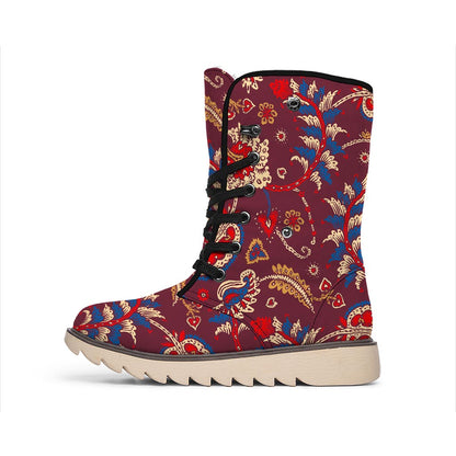 Maroon Vintage Bohemian Floral Print Winter Boots