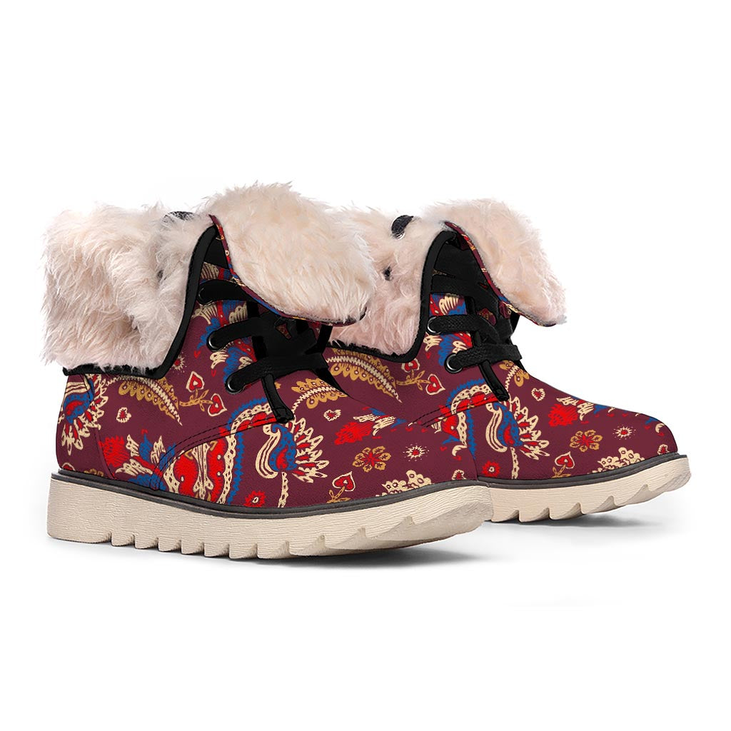 Maroon Vintage Bohemian Floral Print Winter Boots