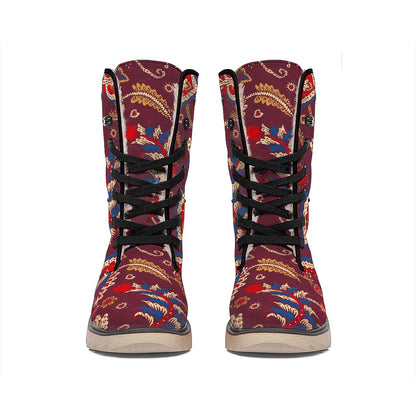 Maroon Vintage Bohemian Floral Print Winter Boots
