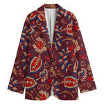 Maroon Vintage Bohemian Floral Print Women's Blazer