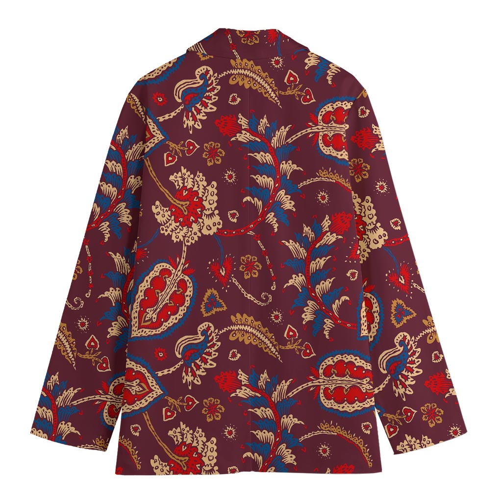 Maroon Vintage Bohemian Floral Print Women's Blazer