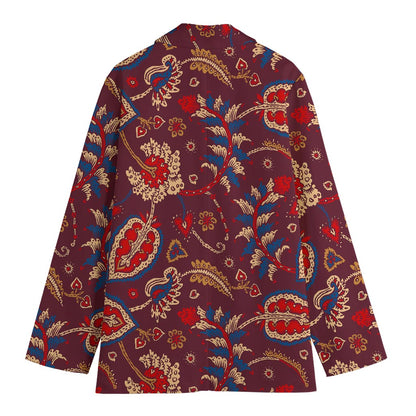 Maroon Vintage Bohemian Floral Print Women's Blazer