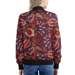 Maroon Vintage Bohemian Floral Print Women's Bomber Jacket