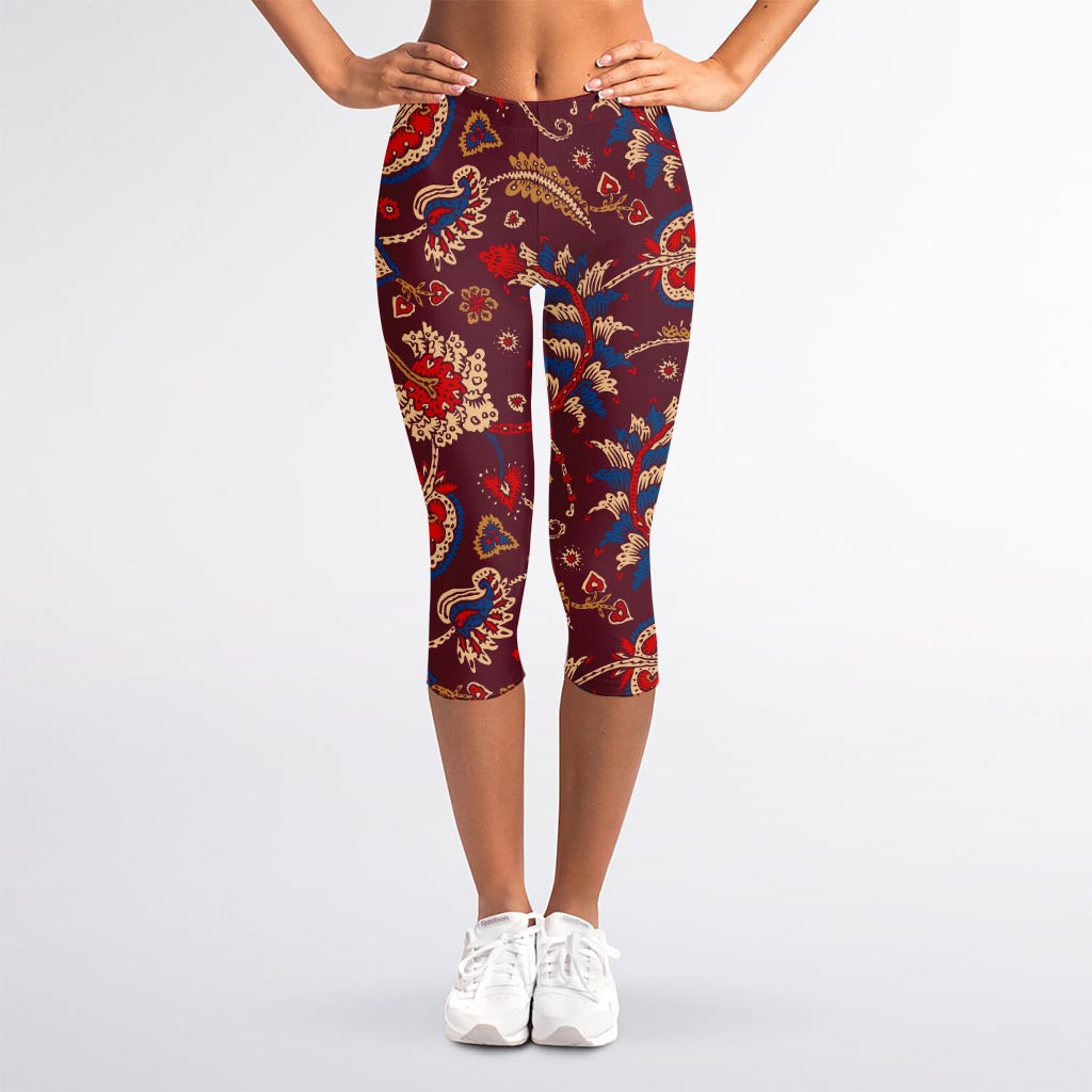 Maroon Vintage Bohemian Floral Print Women's Capri Leggings